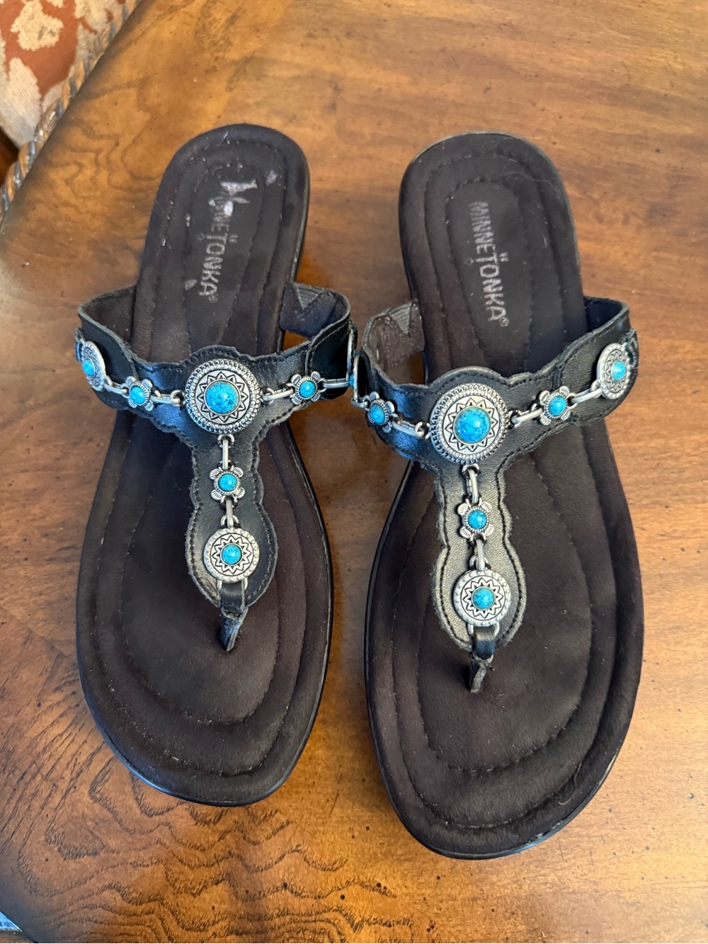 Minnetonka Black Sandals with Turquoise Stone Accents